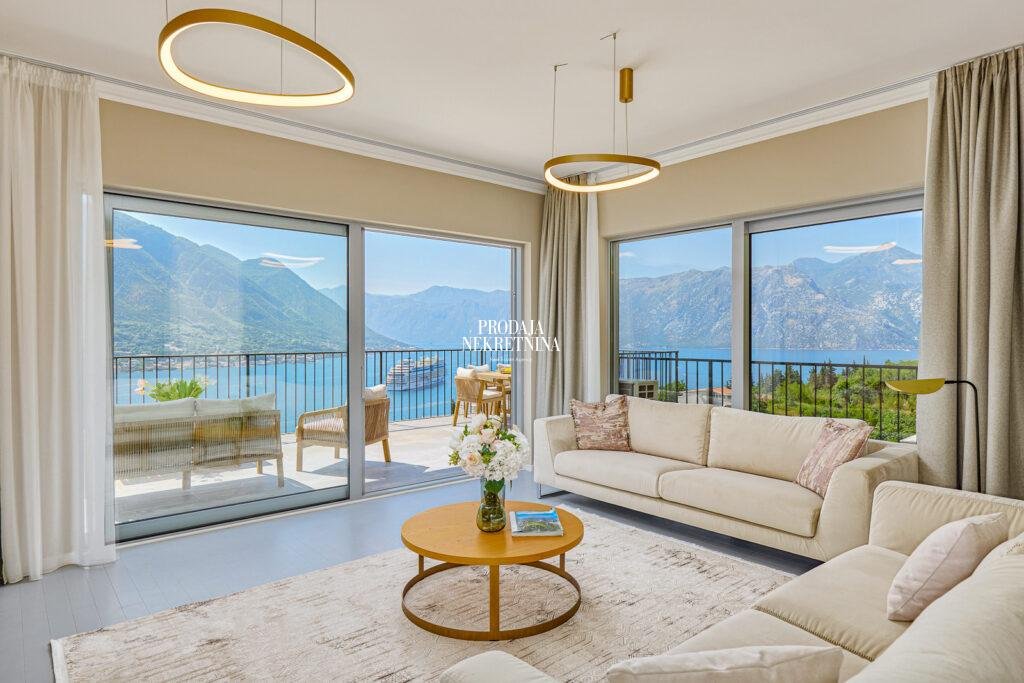 Three bedroom apartment in Dobrota, Kotor with beautiful sea views, glass walls on two sides and minimalistic, yet high luxury furniture